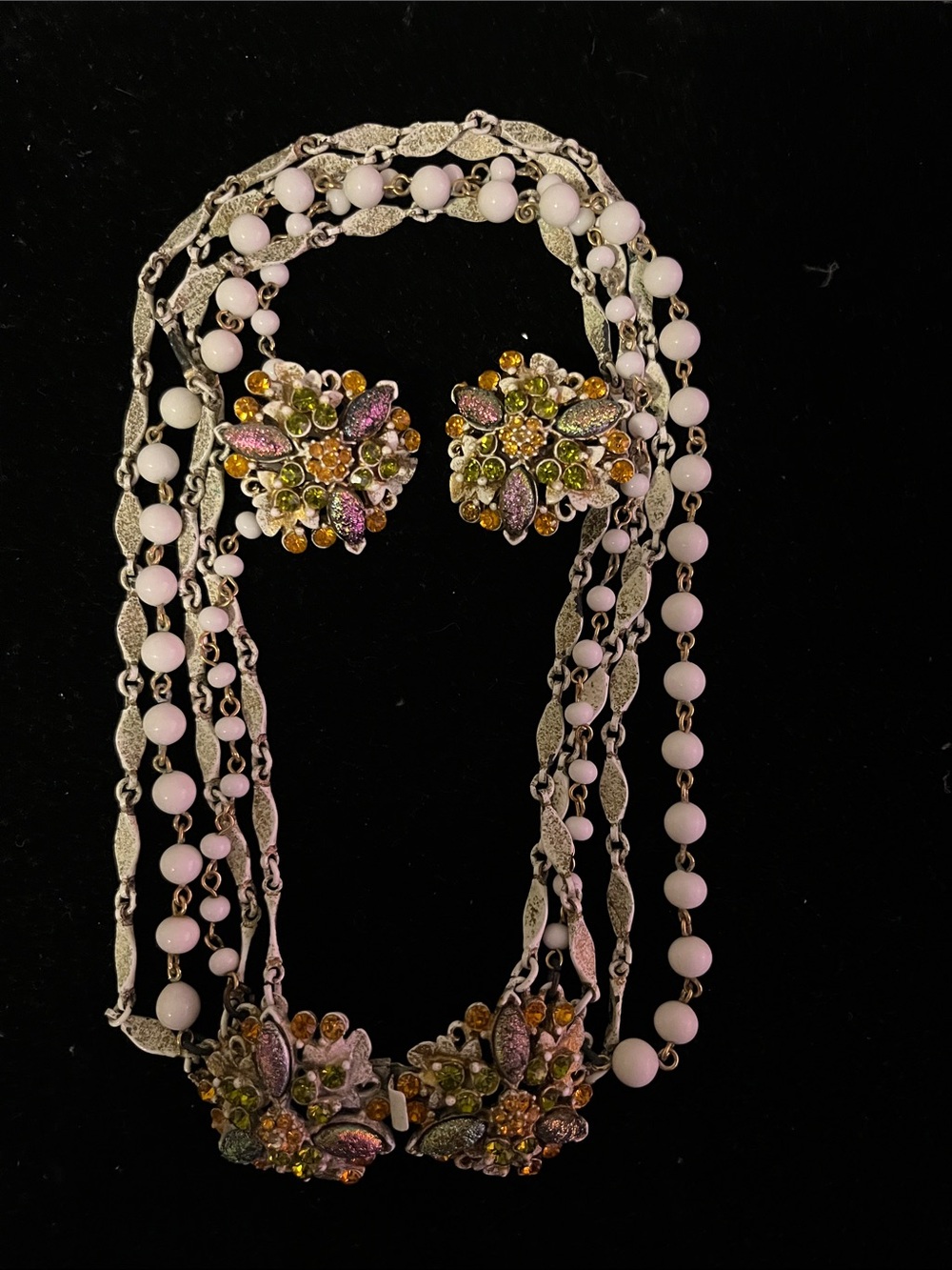 Florenza Floral Pink Bead Multi-Strand Necklace and Clip-On Earring Set